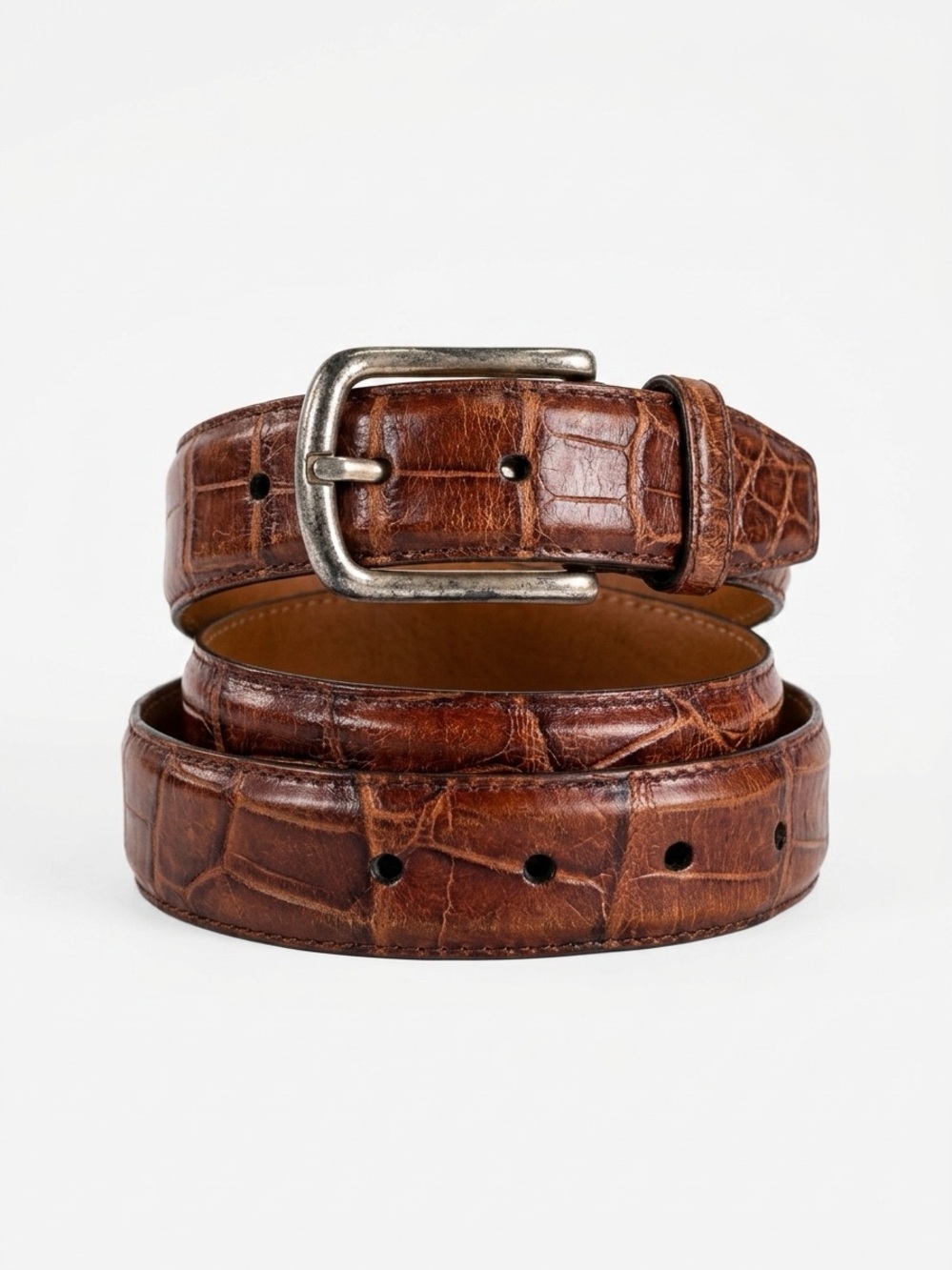 Martin Dingman Belt 01602 Alligator Grain Italian Calfskin Brass Buckle Brown 42